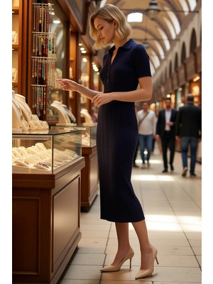 Benerly Kadın Polo Yaka Kısa Kollu Midi Elbise Triko Kumaş Bodycon Kesim Ince Dokulu Astarsız Günlük Rahat