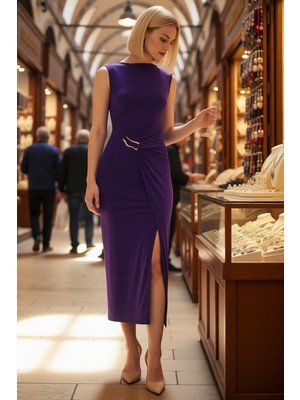 Benerly Kadın Bodycon Midi Elbise Kolsuz Kayık Yaka Aksesuar Detaylı Örne Kumaş Zarif Gece Günlük Rahat