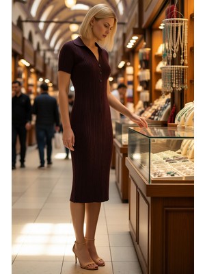 Benerly Kadın Polo Yaka Kısa Kollu Midi Elbise Triko Kumaş Bodycon Kesim Ince Dokulu Astarsız Günlük Rahat