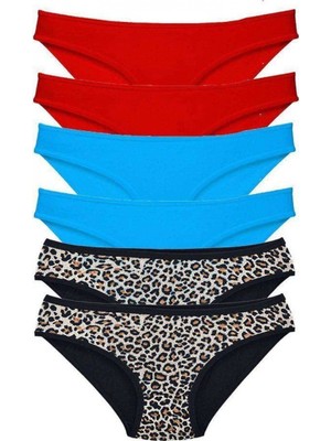 MiraLive 6 Adet Likralı Kadın Slip Külot Leopar Kırmızı Mavi