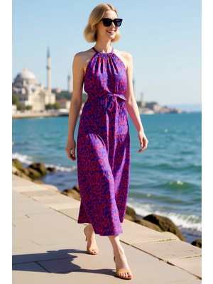Benerly Kadın Halter Yaka Kolsuz Maxi Elbise Animal Desen Kuşaklı A Kesim Şally Dokuma Rahat Günlük Modern