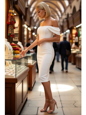 Benerly Kadın Carmen Yaka Kolsuz Bodycon Midi Kokteyl Elbisesi Korse Detaylı Dokuma Astarlı Günlük Rahat
