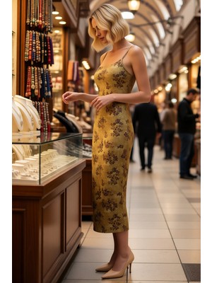 Benerly Kadın Ince Askılı Kare Yaka Çiçek Desenli Bodycon Midi Esnek Örme Elbise Günlük Rahat Modern Şık