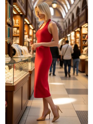 Benerly Kadın Havuz Yaka Kolsuz Bodycon Midi Elbise %96 Polyester Elastan Astarsız Düz Desen Günlük Rahat