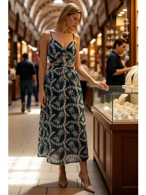 Benerly Kadın Askılı V Yaka Brode Işlemeli Maxi Slip Elbise %100 Pamuk Dokuma Astarlı Günlük Rahat Modern