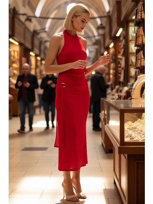 Benerly Kadın Halter Yaka Bodycon Midi Elbise %100 Polyester Kolsuz Astarsız Yaz Elbisesi Günlük Rahat Şık