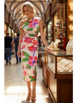 Benerly Kadın Büyük Beden Asimetrik Yaka Kolsuz Maxi Elbise Çiçek Baskılı Bodycon Kesim Günlük Rahat Modern