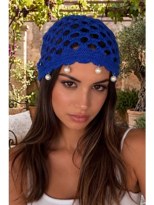 Zurafa Shop Lacivert Renk Inci Detaylı Örgü Saç Bandana