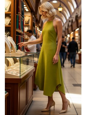 Benerly Kadın Halter Yaka Asimetrik Mini Dokuma Elbise %100 Keten Kolsuz Yazlık Rahat Kesim Günlük Modern