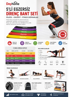 Deyhome 5’li Egzersiz Direnç Bant Seti – Pilates, Yoga, Crossfit ve Fitness Direnç Lastiği Seti