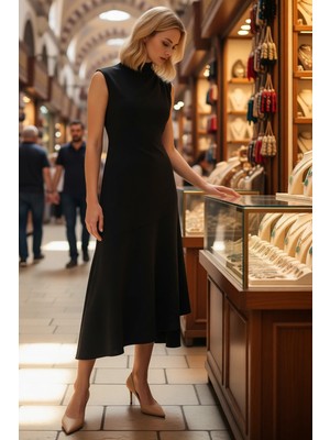 Benerly Kadın Kolsuz Bisiklet Yaka Maxi Elbise Astarlı Shift Kesim Yırtmaçlı Drape Detaylı Dokuma Rahat