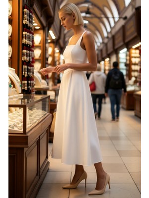 Benerly Kadın Kare Yaka Kalın Askılı A Kesim Midi Saten Dokuma Kokteyl Abiye Elbisesi Günlük Rahat Modern
