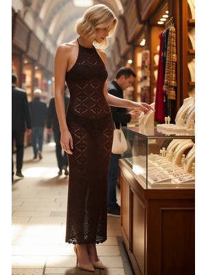 Benerly Kadın Kolsuz Halter Yaka Maxi Plaj Elbisesi Sırt Dekolteli Bodycon Triko Dokulu Astarsız Günlük