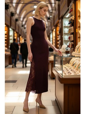 Benerly Kadın Kolsuz Bisiklet Yaka Maxi Vücuda Oturan Dantel Detaylı %100 Polyester Triko Elbise Günlük