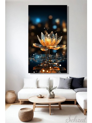 Şehzat Kanvas Duvar Tablosu Panoramik Dikey Tekli Salo Yatak Odası Ofis Cam Gold Parlak Lotus Çiçeği