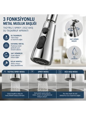 Deyhome 3 Fonksiyonlu Metal Musluk Başlığı Tazyikli Spreyli 360° Döner Su Tasarruf Aparatı