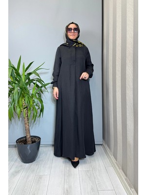 Miss Dalida Gömlek Yaka Ipek Keten Uzun Elbise Siyah 2264351