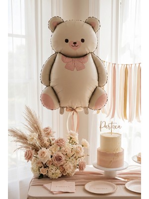 Partixa Retro Pembe Fiyonklu Krem Ayıcık Folyo Balon Doğum Günü Baby Shower Parti Süsü