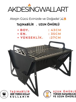 Akdesıgnwallart Portatif Demonte Kamp Mangalı - Yüksek Dayanıklı Siyah Çelik (35X43X27 Cm)