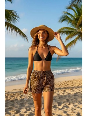Melonika Siyah Leopar Desenli 3’lü Bikini Takımı Şortlu Yandan Bağlamalı Esnek Kumaş Kadın Mayo Set