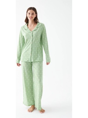 Melonika Kadın Yeşil Kalp Desenli Düğmeli Pamuklu Pijama Takımı