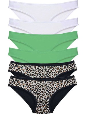 Royaleks 6 Adet Likralı Kadın Slip Külot Leopar Beyaz Yeşil