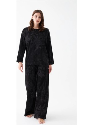 Melonika Kadın Oversize Siyah Çiçek Desenli Pamuklu Kalın Pijama Takımı