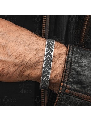 Modasilvers 925 Ayar Gümüş Geometrik Ok Desenli Kelepçe Erkek Bileklik