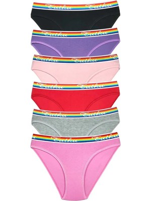 6 Adet Beli Renkli Lastik Pamuklu Kadın Slip Tutku Külot
