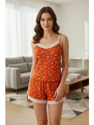 Melonika Kadın Turuncu Kalp Desenli Dantel Detaylı Askılı Şortlu Pijama Takımı Premium Ev Giyim