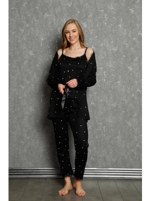 Melonika Kadın 3'lü Sabahlık Pijama Takım Siyah