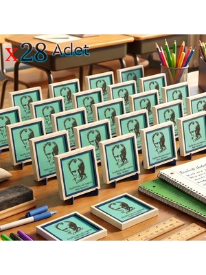 Miaju Öğretmen Mesajlı Mezuniyet Hatırası 28'li Set, Atatürk Silüetli Dekoratif Masaüstü Obje, 10X10 cm
