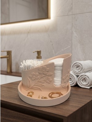 Mekatris Çiçek Desenli Makyaj Pamuğu, Kulak Çubuğu ve Takı Düzenleyici - Tek Parça Banyo & Makyaj Masası Organizeri