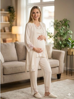 Melonika Bone 6216 Kadın 3'lü Viskon Sabahlıklı Lohusa Pijama Takımı