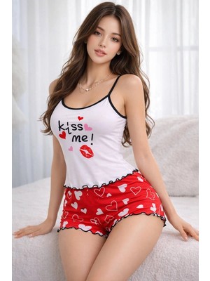 Melonika Renkli Kalp Desenli Askılı Şortlu Kadın Pijama Takımı