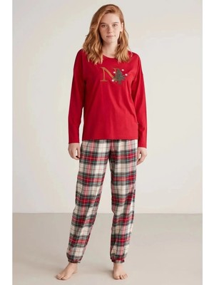 Melonika Nautıca W606 Kadın Uzun Kollu Ekoseli Pijama Takımı