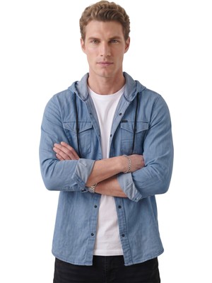 Deepsea Koyu Mavi Kapüşonlu Likralı Kot Gömlek – Slim Fit Çıt Çıt Kapamalı Erkek Gömlek 2300396