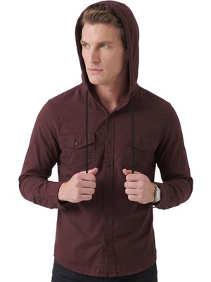 Deepsea Mürdüm Kapüşonlu Likralı Kot Gömlek – Slim Fit Çıt Çıt Kapamalı Erkek Gömlek 2300396