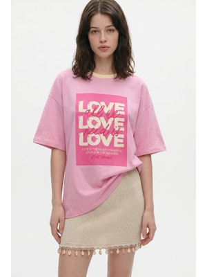 Quzu Love Yazı Baskılı Oversize Tişört Pembe