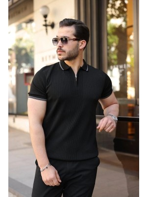 Defy Moda Erkek Çizgi Desenli Fermuar Yakalı Kısa Kollu Tişört