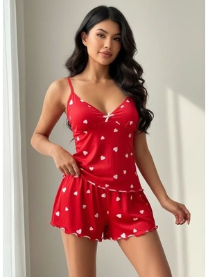 Çamaşır Kenti Kadın Kırmızı Kalp Desenli Şortlu Pijama Takımı Sevimli Rahat 2’li Set