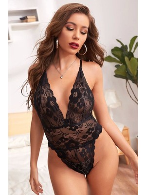 Çamaşır Kenti Kadın Siyah Zarif Dantel Sırtı Ip Askılı Babydoll Gecelik