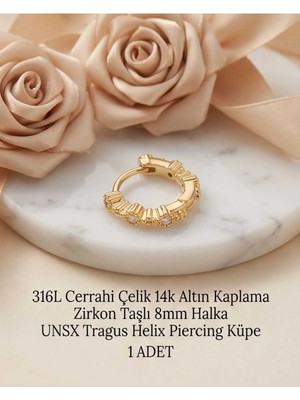 Begonia Accessories 316L Cerrahi Çelik Altın Kaplama Kararmaz Alerji Yapmaz Zirkon Taş Figür 1 Adet Unisex Minimal Halka Tragus Helix Küpe Piercing A503-26