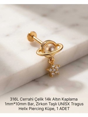 Begonia Accessories 316L Cerrahi Çelik Altın Kaplama Kararmaz Alerji Yapmaz Zirkon Taş Figür Unisex Tragus Helix Küpe Piercing A429-39