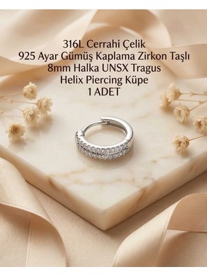 Begonia Accessories 316L Cerrahi Çelik Gümüş Kaplama Kararmaz Alerji Yapmaz Zirkon Taş Figür 1 Adet Unisex Minimal Halka Tragus Helix Küpe Piercing G503-6
