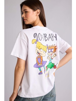 DeFacto Rugrats Oversize Bisiklet Yaka Baskılı Kısa Kollu Beyaz Tişört G5045AX26SM