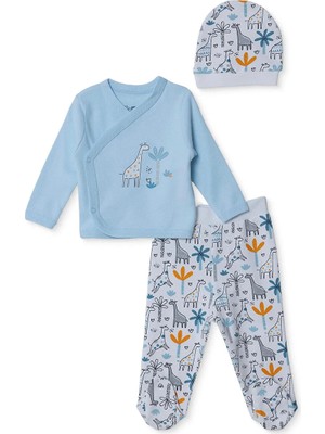 Hellobaby Erkek Bebek Zıbın-Şapka-Alt Hayvan Baskılı Çıtçıtlı V Yaka Long Sleeve Patikli