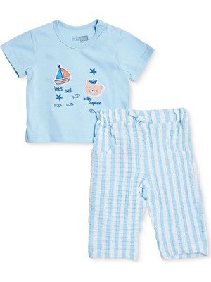 Hellobaby Erkek Bebek Tişört-Alt Marin Baskılı Bağcıklı Bisiklet Yaka Kısa Kol Patiksiz