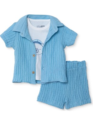 Hellobaby Erkek Bebek Gömlek-Şort Ayı Baskılı Bisiklet Yaka Kısa Kol Reçme