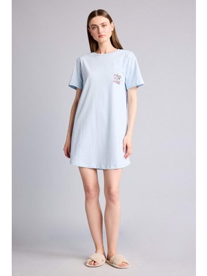 DeFacto %100 Pamuk Looney Tunes Regular Fit Bisiklet Yaka Kısa Kollu Açık Mavi Gecelik G4099AX26SP